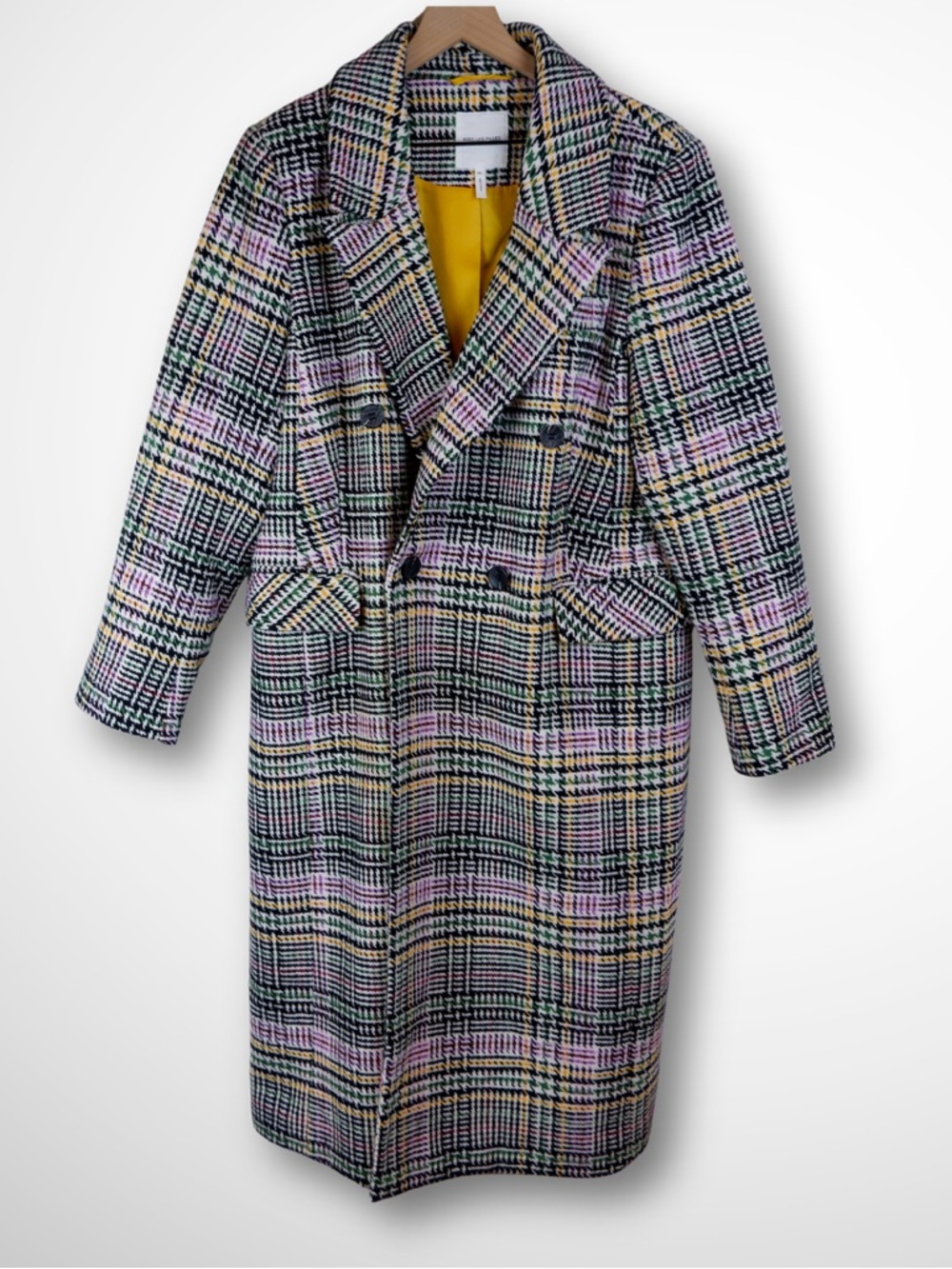 Avec Les Filled Multicolor Houndstooth Yellow Lined Coat | XXL